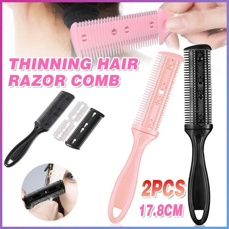V528-J00413-BLACKPINK-29949-202509301509-00 2PCS Razor Comb With Blades Razor Trimmer DIY Double Sides Hair Thinning Comb - Pink+Black - Image 1