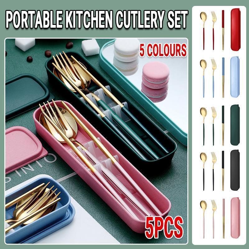 V528-JY68-GREEN-137491-202510010636-00 5PC Stainless Steel Portable Cutlery Set - Fork Spoon for Travel & Picnic - Green - Image 1