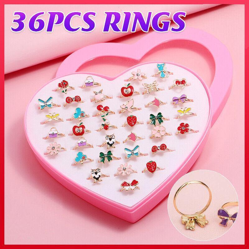 V528-KIDSRINGS-36PCS-524179-202509291445-00 36PCS Adjustable Cute Cartoon Rings Set for Girls Gift in Heart Box - Image 1