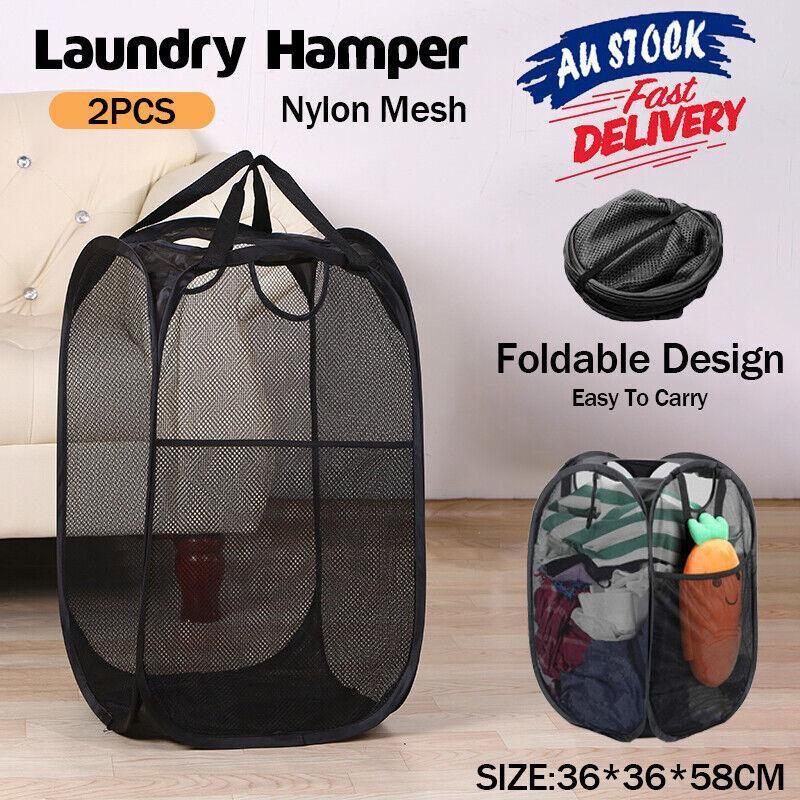 V528-LAUNDRYBASKET-2PCS-86705-202509251615-00 2PCS Foldable Mesh Laundry Hampers with Handles and Pocket for Clothes Storage - Image 1