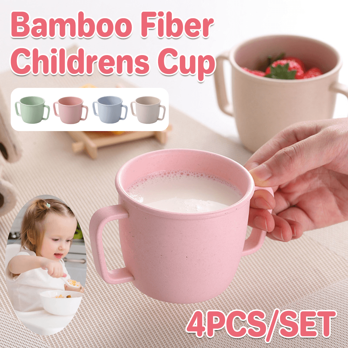 V528-MILK-CUP-4PCS-443458-202509291701-00 4PCS Bamboo Fiber Milk Drinking Cups with Handle Eco Friendly Small Grip Cups - Image 1