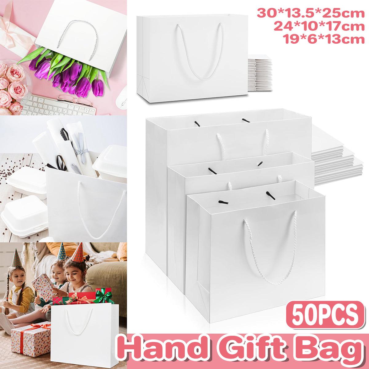 V528-PAPERBAG-WHITE-50PCS-870242-202509301727-00 50PCS Kraft Paper Gift Bags Custom Blank Shopping Handbags for Garment Packaging - 13x19x6cm - Image 1