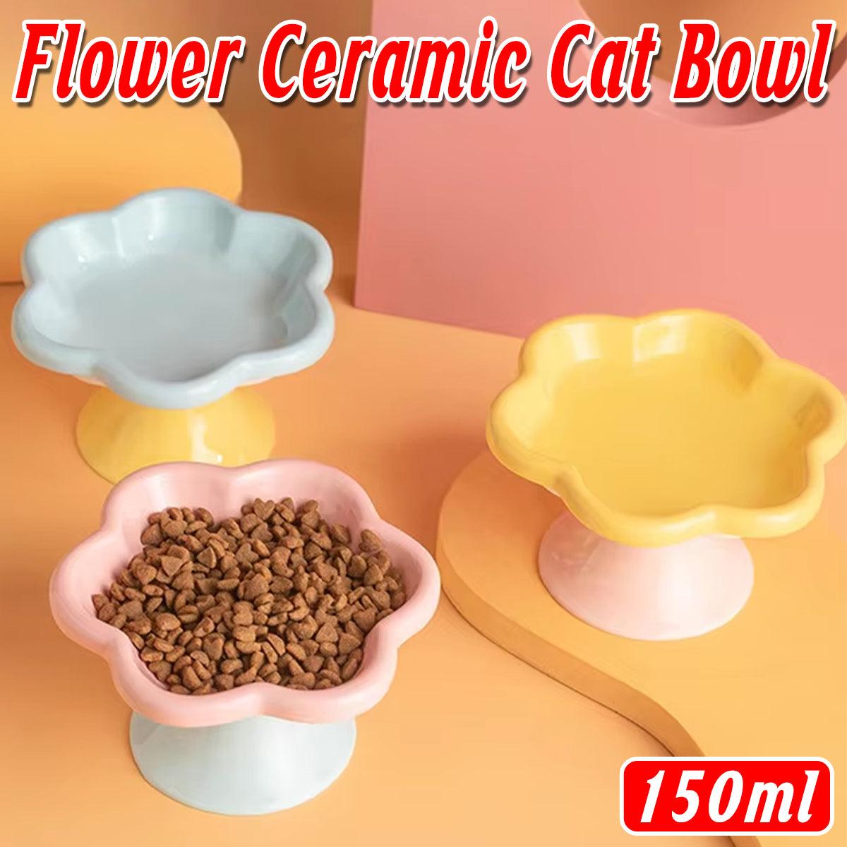 V528-PET-BOWL-BLUE-423507-202510010518-00 Flower Ceramic Cat Bowl Pet Food Bowl Snack Tray for Cats and Small Pets Feeding - Blue - Image 1