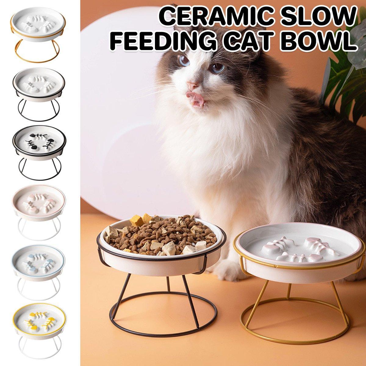 V528-PET-BOWL-YELLOW-WHITE-893934-202509301700-00 Ceramic Cat Bowl Slow Feeder Pet Food Tray for Cats and Dogs Non Slip Design - Yellow Bowl-White Tray Rack - Image 1