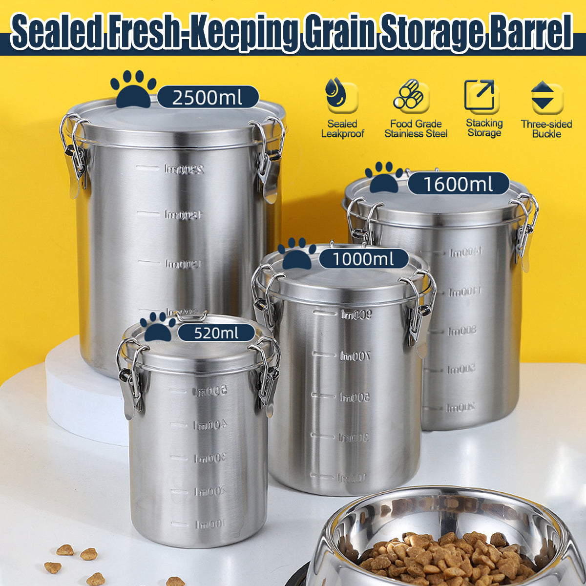 V528-PET-FOOD-PAIL-2500ML-572147-202509301936-00 Stainless Steel Pet Food Storage Bucket Dog Cat Grain Container Bin Kitchen - 2500ml - Image 1
