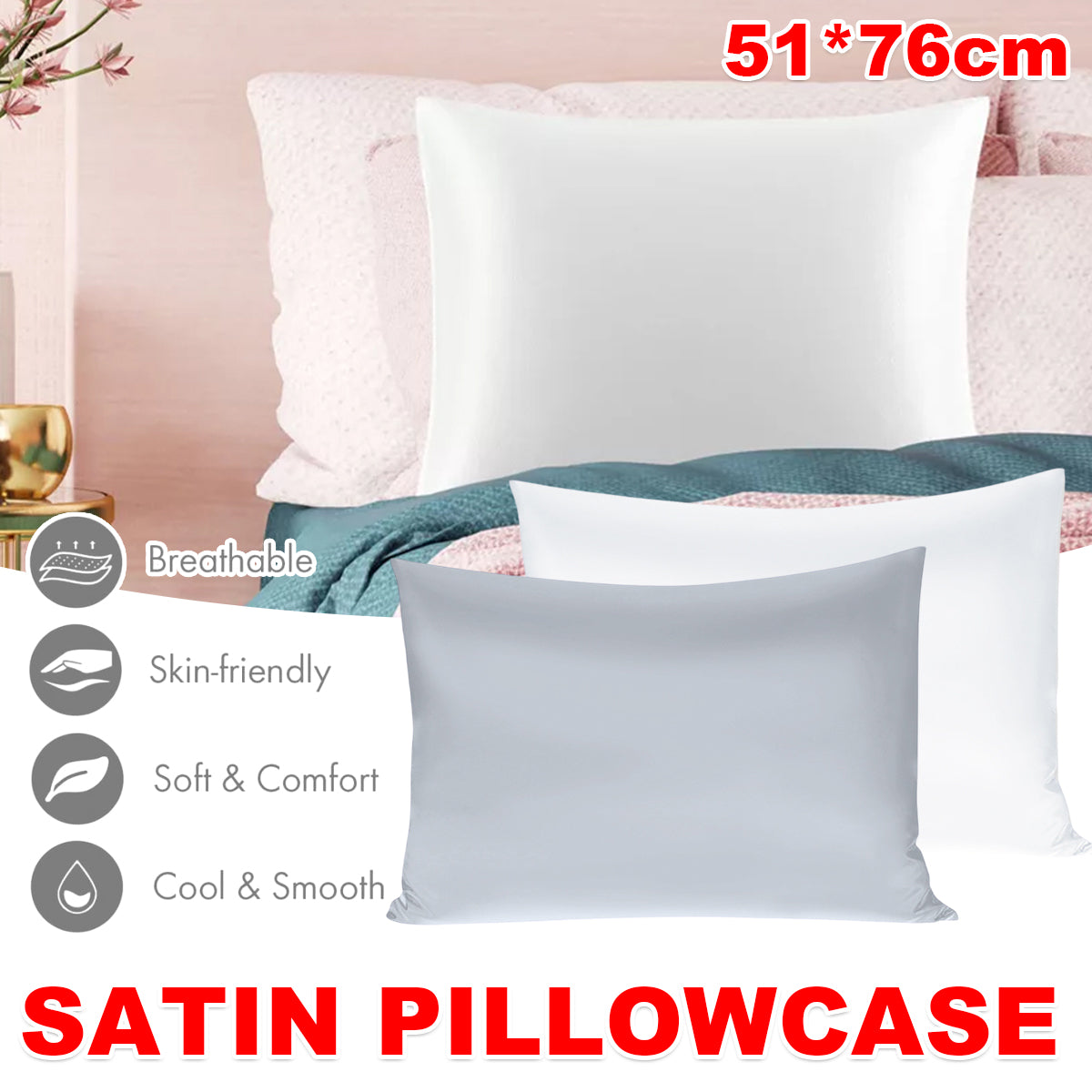 V528-PILLOWCASE-WHITE-51-76-407476-202510010027-00 Silk Envelope Pillowcase Soft Satin Protective Cover for Bed Sleep Comfort - White - Image 1