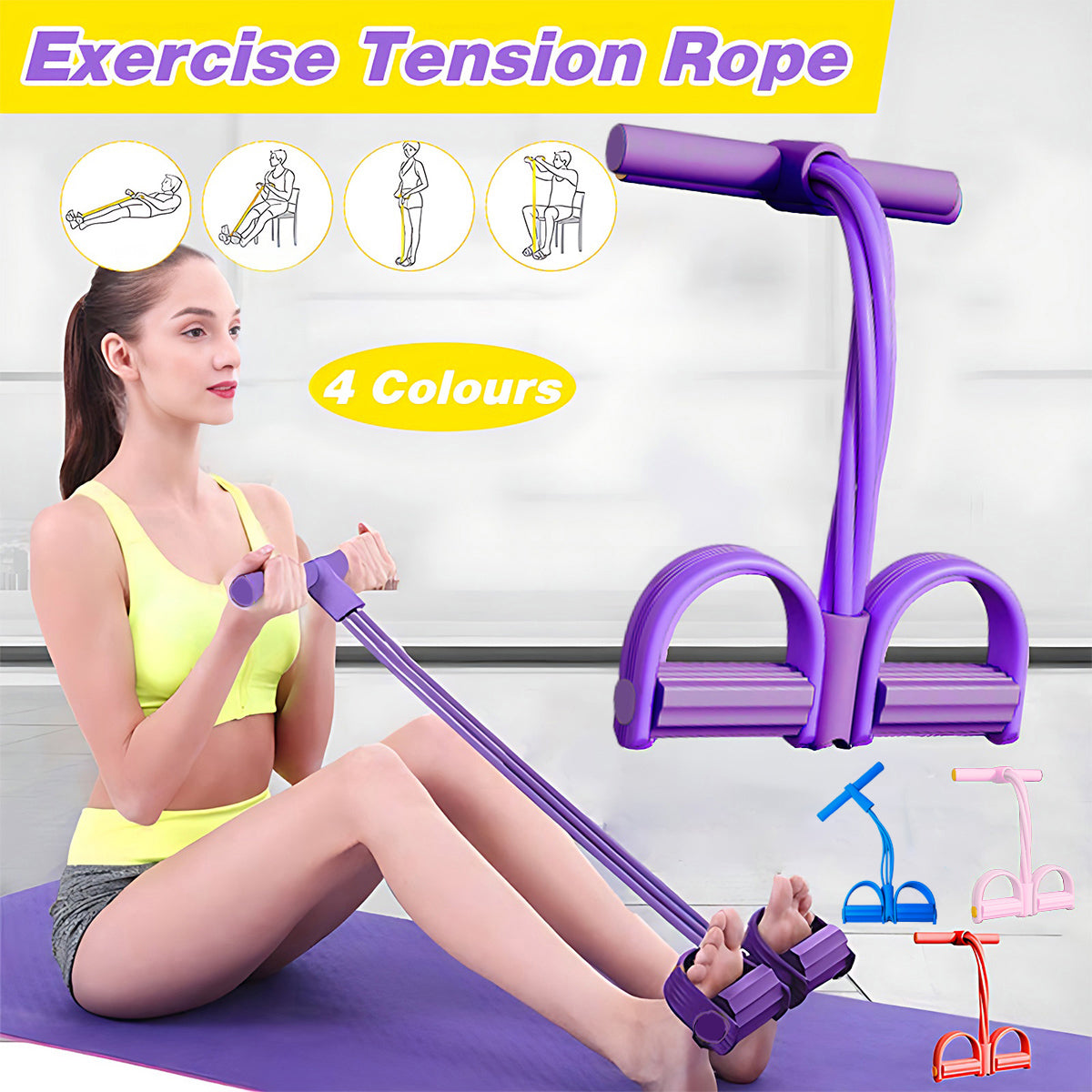 V528-PULLROPE-PINK-26118-202509302345-00 Multi-Function Exercise Tension Rope Foot Pedal Resistance Fitness Pull Bands - Pink - Image 1