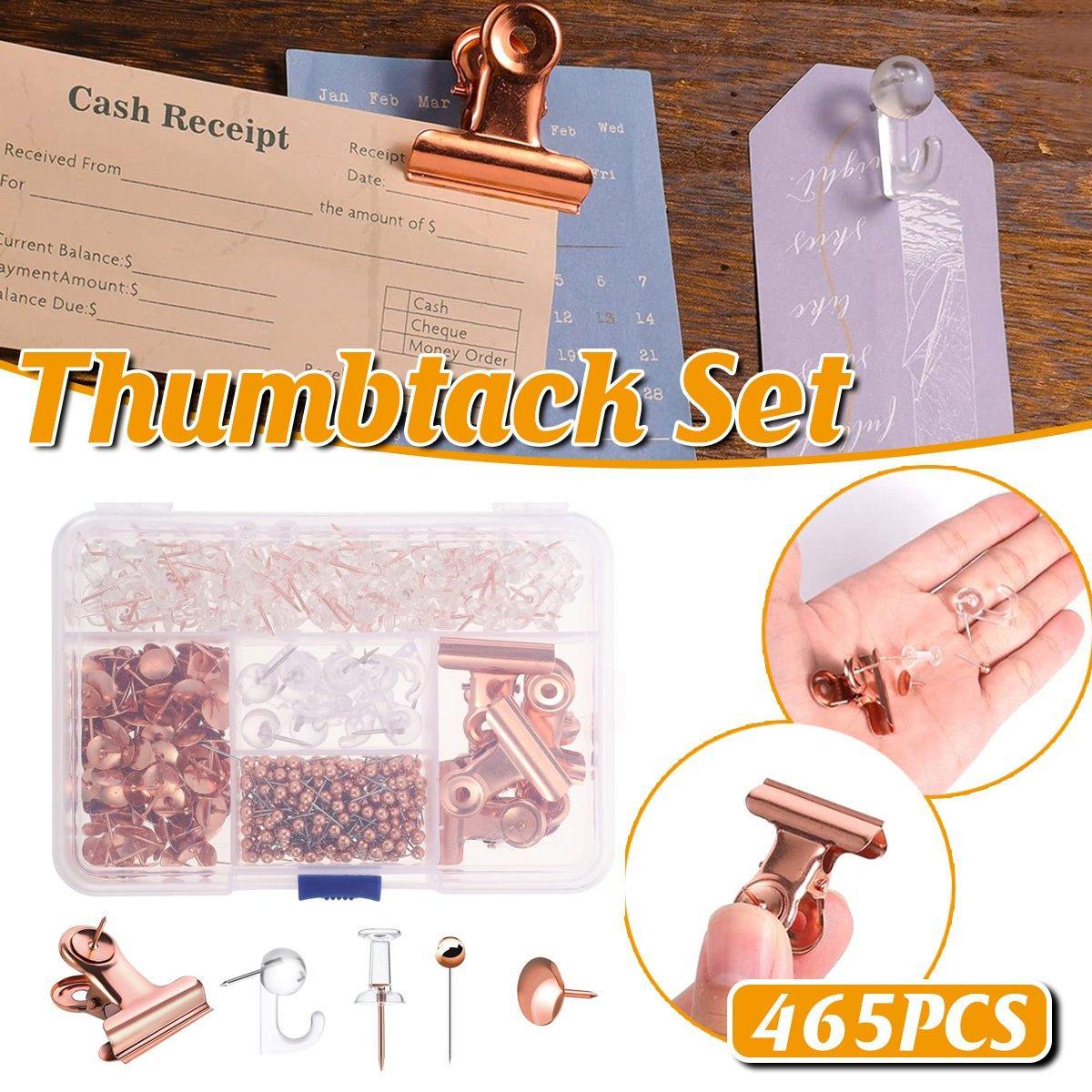 V528-PUSHPIN-SET-ROSE-GOLD-241258-202509291909-00 465PCS Rose Gold Thumbtacks Binder Clips Push Pins Set Office Supplies With Box - Image 1
