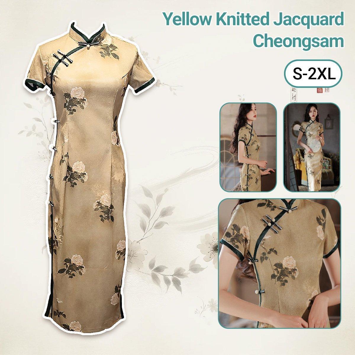 V528-QP-YELLOW-2XL-494727-202510010445-00 Retro Chinese Style Yellow Jacquard Cheongsam Short Sleeve Improved Young Style - XXL - Image 1
