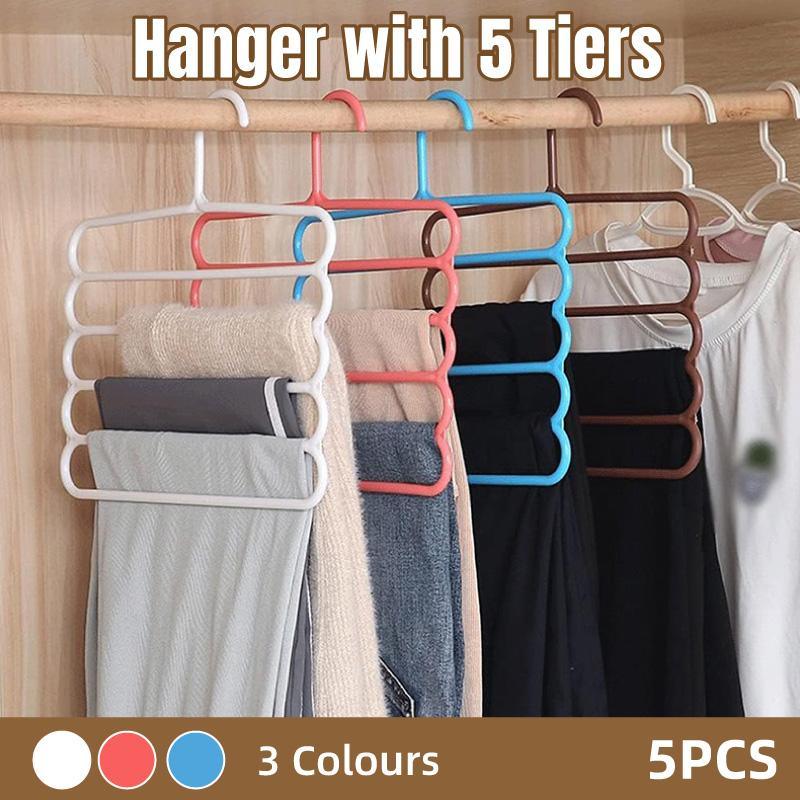 V528-RACK-5PCS-BLUE-812036-202509302036-00 5pcs 5 Tier Trouser Rack Multifunctional Hanging Wardrobe Scarf Tie Hanger Set - Blue - Image 1