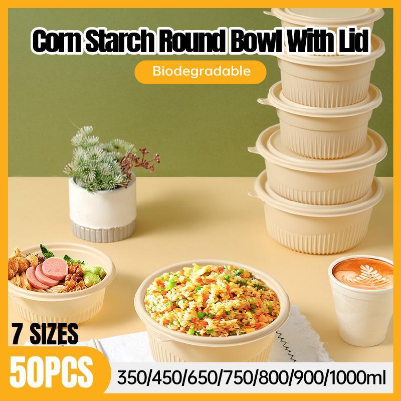 V528-ROUND-BOWL-50PCS-450ML-773075-202509302128-00 50PCS Biodegradable Corn Starch Lunch Box Round Takeout Containers Eco Friendly - 450ml - Image 1