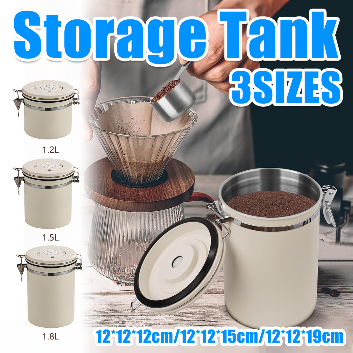 V528-SEALED-JAR-WHITE-1200ML-985704-202509301500-00 3 Sizes Stainless Steel Coffee Bean Powder Storage Jar Sealed Canister with Valve - 1.2L - Image 1