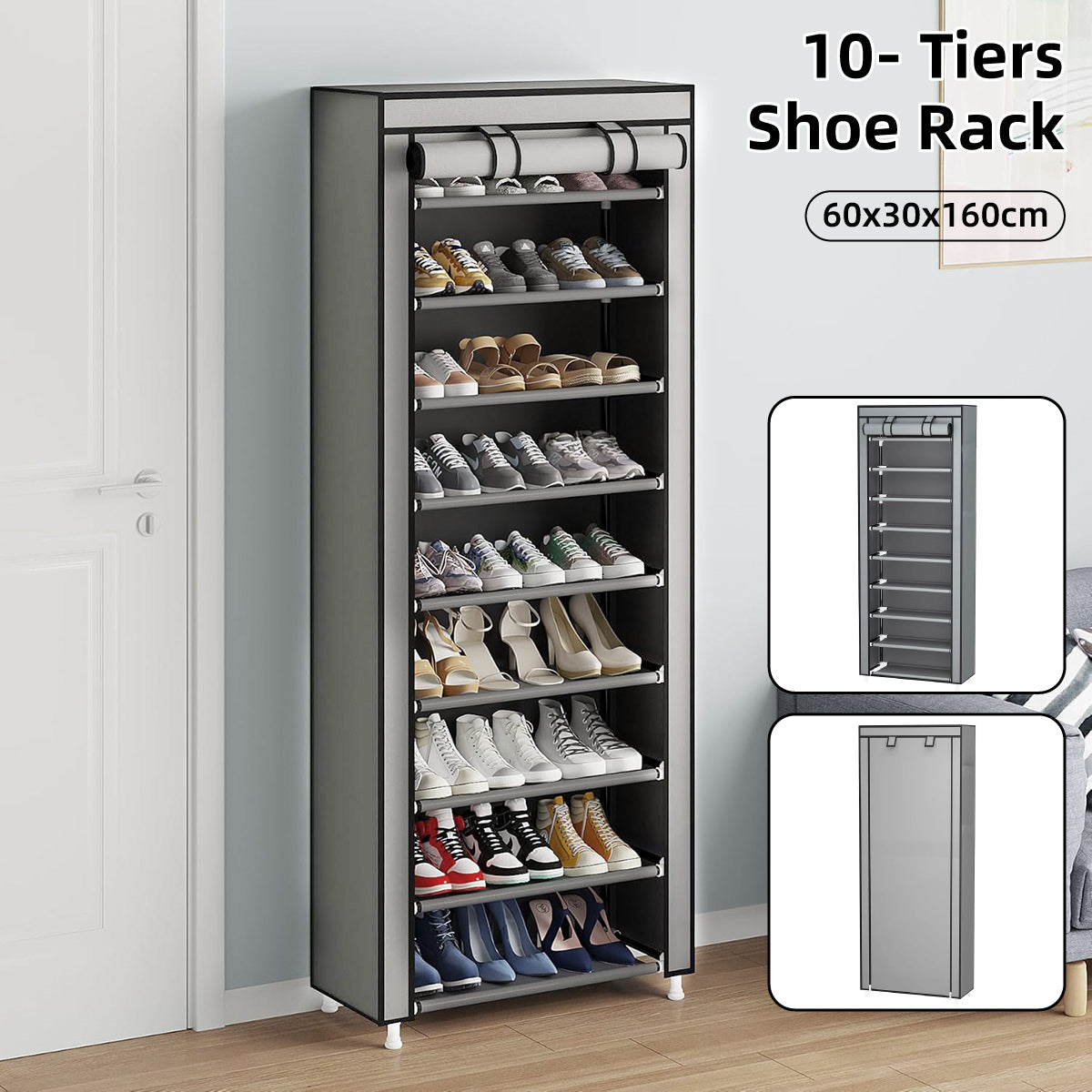 V528-SHOE-RACK-GREY-415815-202509251210-00 10 Tier Black Shoe Rack Dustproof Organiser Shoe Storage Cabinet for Home Use - Image 1