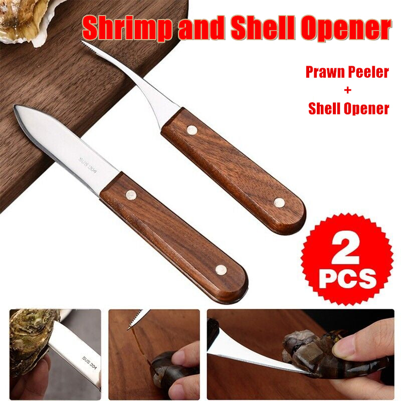 V528-SHRIMPOPENER-2PCS-348526-202509291836-00 2PCS Shrimp Deveiner and Shellfish Opener Knife Set Stainless Steel Wood Handle - Image 1