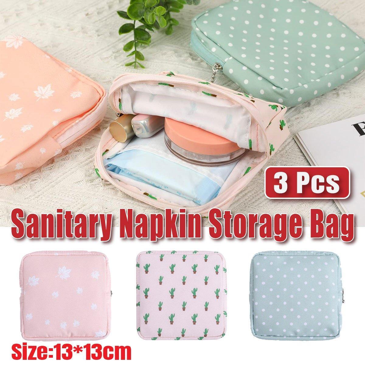 V528-STORAGE-BAG-3PCS-950944-202509291818-00 3PCS Cotton Sanitary Napkin Storage Bag Pink Leaves Cactus Dots Portable Pouch - Image 1