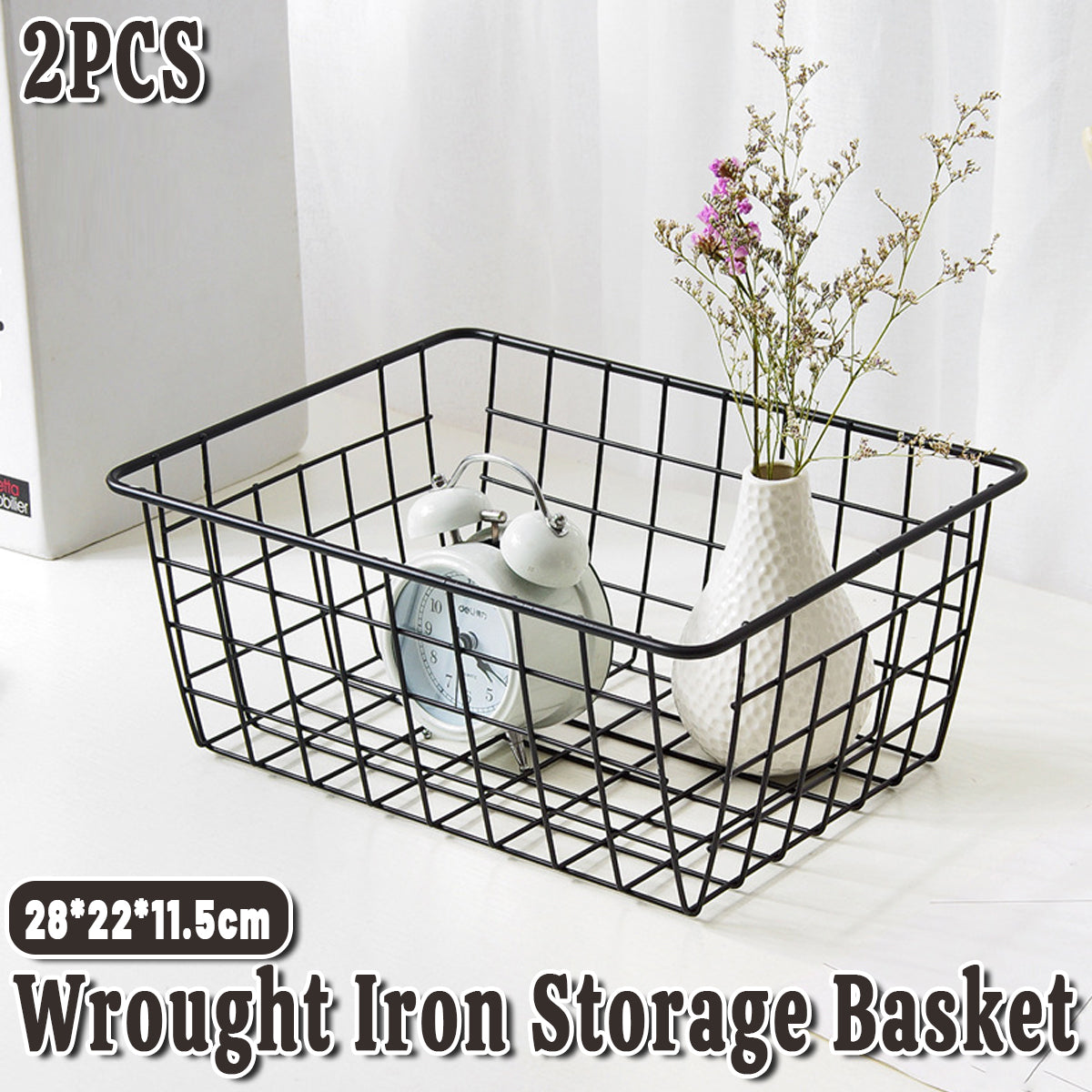 V528-STORAGE-BASKET-2PCS-448265-202509251617-00 2pcs Wire Storage Basket Durable Metal Kitchen Cabinet Pantry Office Organiser - Image 1