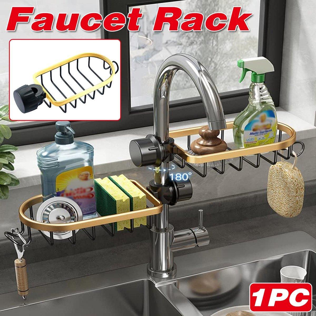V528-STORAGE-SHELF-BLACK-GOLD-892956-202509291437-00 Adjustable Faucet Sink Shelf Drainage Rack Kitchen Storage Organizer for Home - Image 1