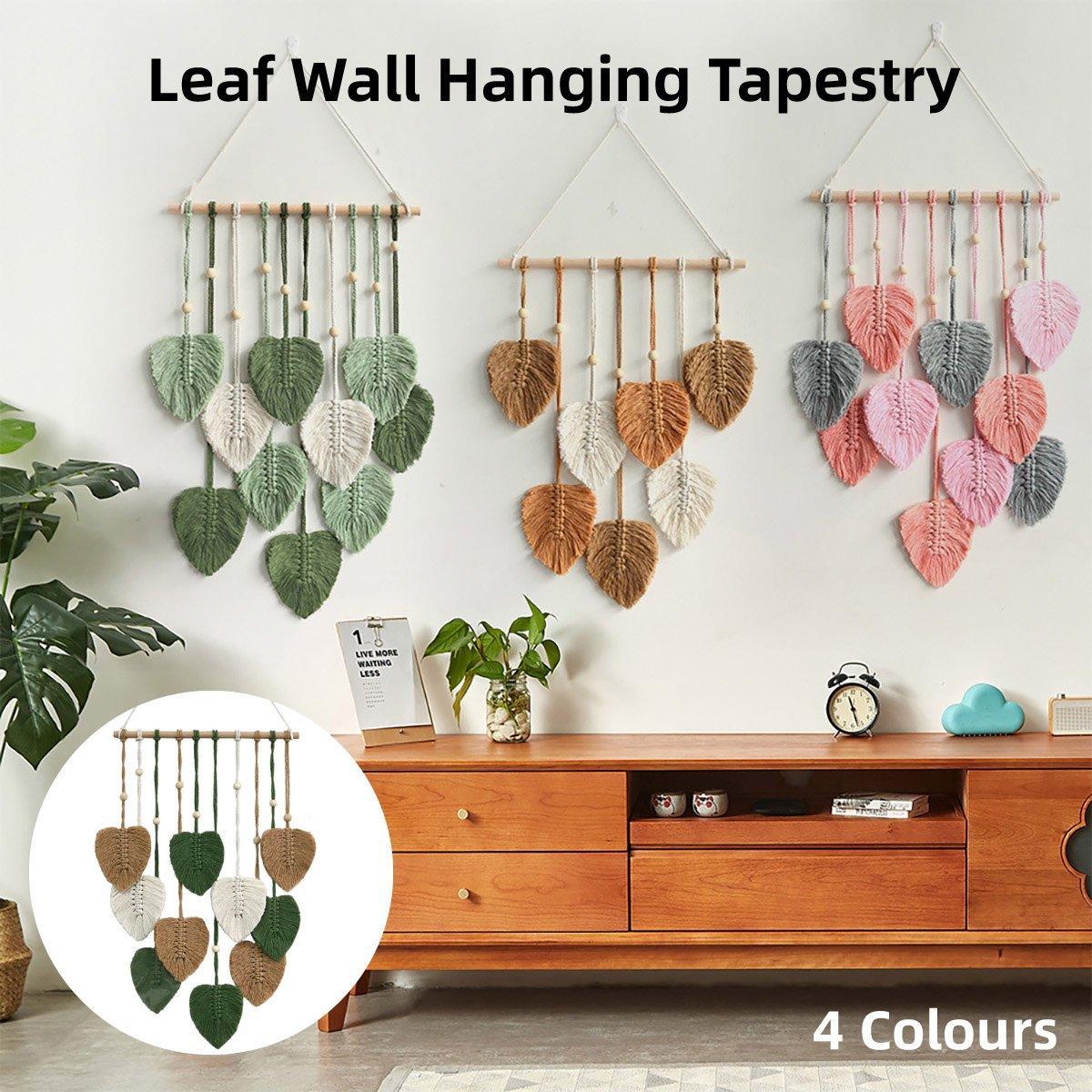V528-TAPESTRY-KHAKI-561122-202509302309-00 Handmade Braided Cotton Rope Leaves Wall Hanging Home Decoration Ornament - Khaki - Image 1