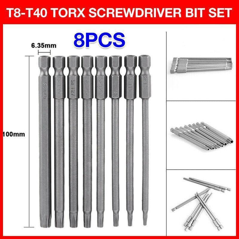 V528-TORSCREWDRIVER-985990-202509251140-00 8PCS T8 to T40 Torx Screwdriver Bit Set 100mm S2 Steel Hex Tip Head - Image 1