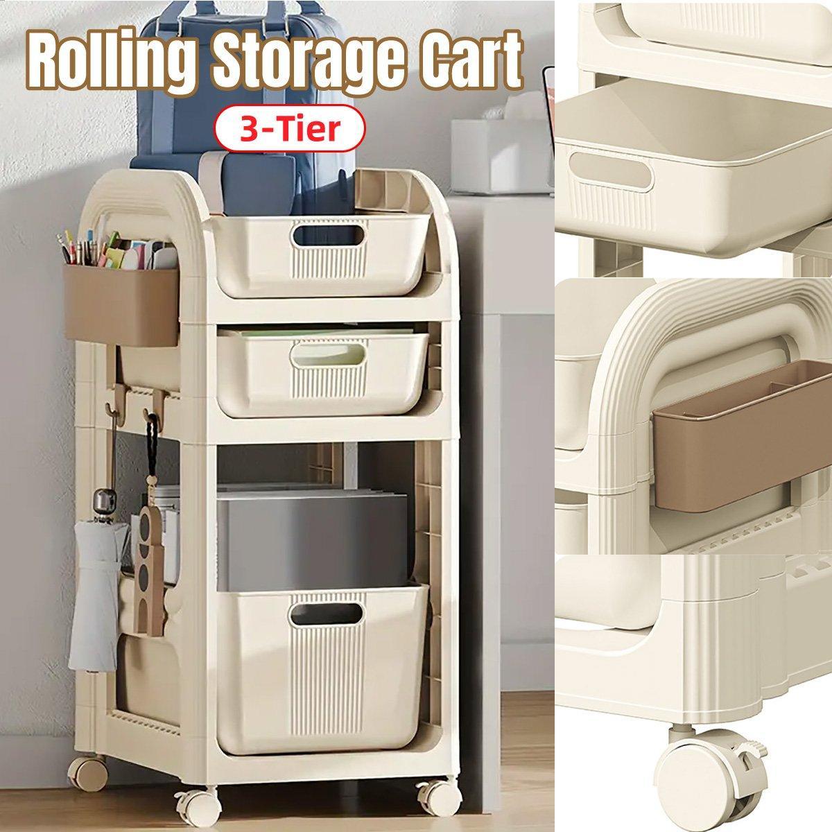 V528-TROLLEY-BEIGE-205340-202509251021-00 Mobile Storage Trolley Rolling Utility Cart Heavy Duty Organizer with Wheels - Image 1