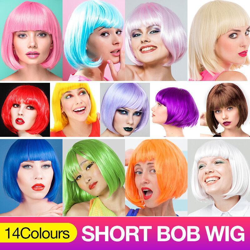 V528-WIGS-WHITE-562580-202509301600-00 Short Bob Wig with Bangs for Women Synthetic Cosplay Party Hair in 14 Colours - White - Image 1