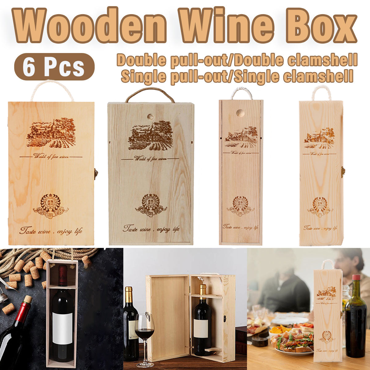 V528-WINEBOX-6PCS-DOUBLE-855322-202509301945-00 6pcs Red Wine Wooden Gift Box Packaging Storage Box for Wine Bottle Gifts - Double pull-out - Image 1