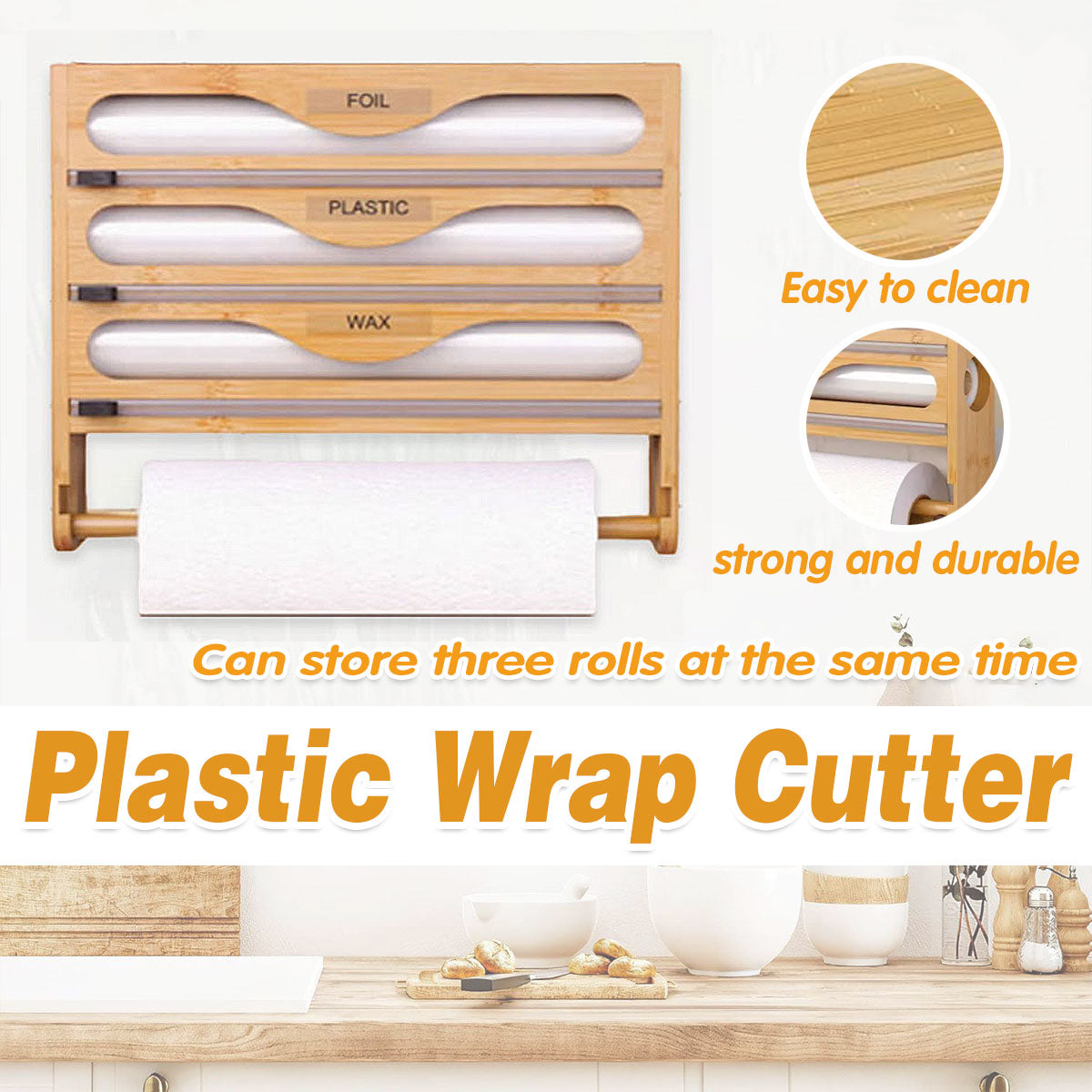 V528-WRAP-DISPENSER-3-TIER-870794-202509251541-00 Wall Mounted Plastic Wrap Cutter Bamboo Multi Cell Kitchen Storage Box Organizer - Image 1