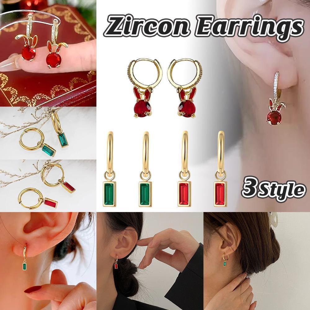 V528-XY00569-SE21062906R-257464-202510010618-00 Fashion Gold Zircon Earrings Stud Drop Dangle Wedding Best Gift For Women - Square-Red - Image 1