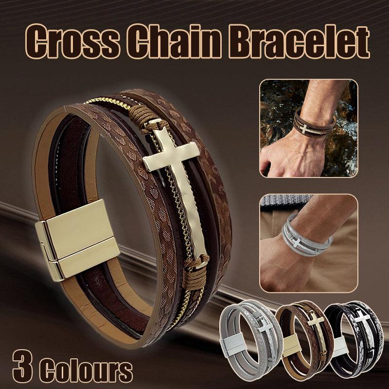 V528-XY00742-SILVER-694079-202510010945-00 Men Cross Bracelet Multi-Layer Leather Wristband Stainless Steel Stylish Gift - Silver - Image 1