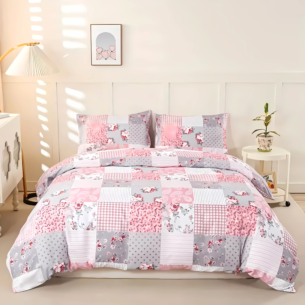 V535-QC-SOFT-PINK-PLAID-D-202508221310-00 Dreamfields - Soft Pink Plaid Quilt Cover Set - (3pcs, Double Size) - Image 1
