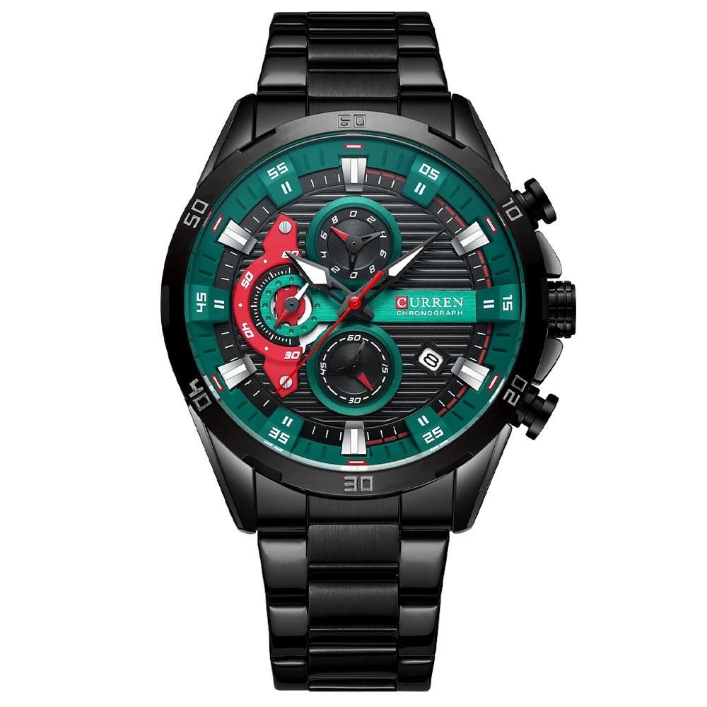 V562-3042934060DBT-202508290745-00 Six-hand Business Quartz Watch with Steel Strap - Calendar - Black Shell Green - Image 1