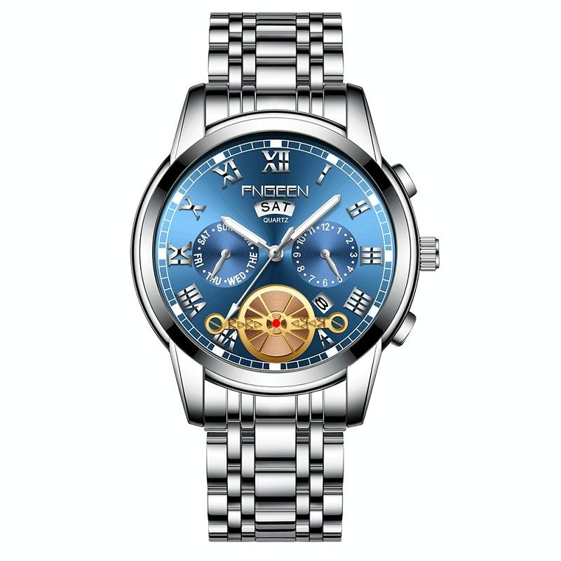 V562-3077801650DBT-202508271317-00 Men Multi-function Quartz Watch with Blue Dial and White Steel Band - Image 1