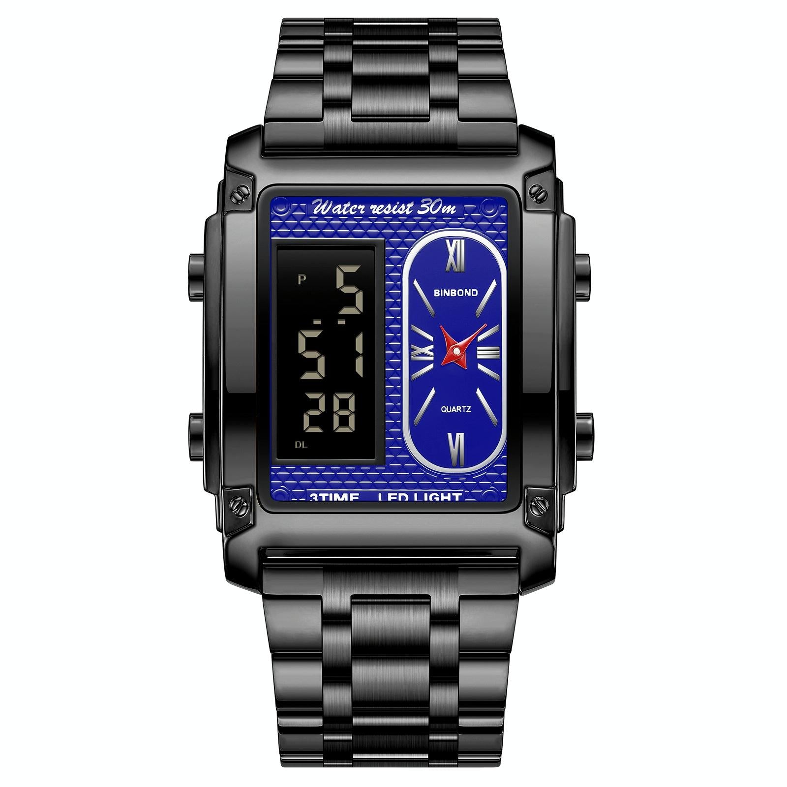 V562-4099444060DBT-202508282140-00 Waterproof Men Led Quartz Watch - Multifunctional Luminous - Black Steel-Blue - Image 1