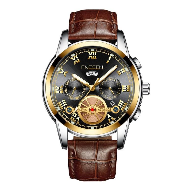 V562-4177801650DBT-202508271422-00 Men Multi-function Quartz Watch with Brown Leather Strap and Gold Black Dial - Image 1