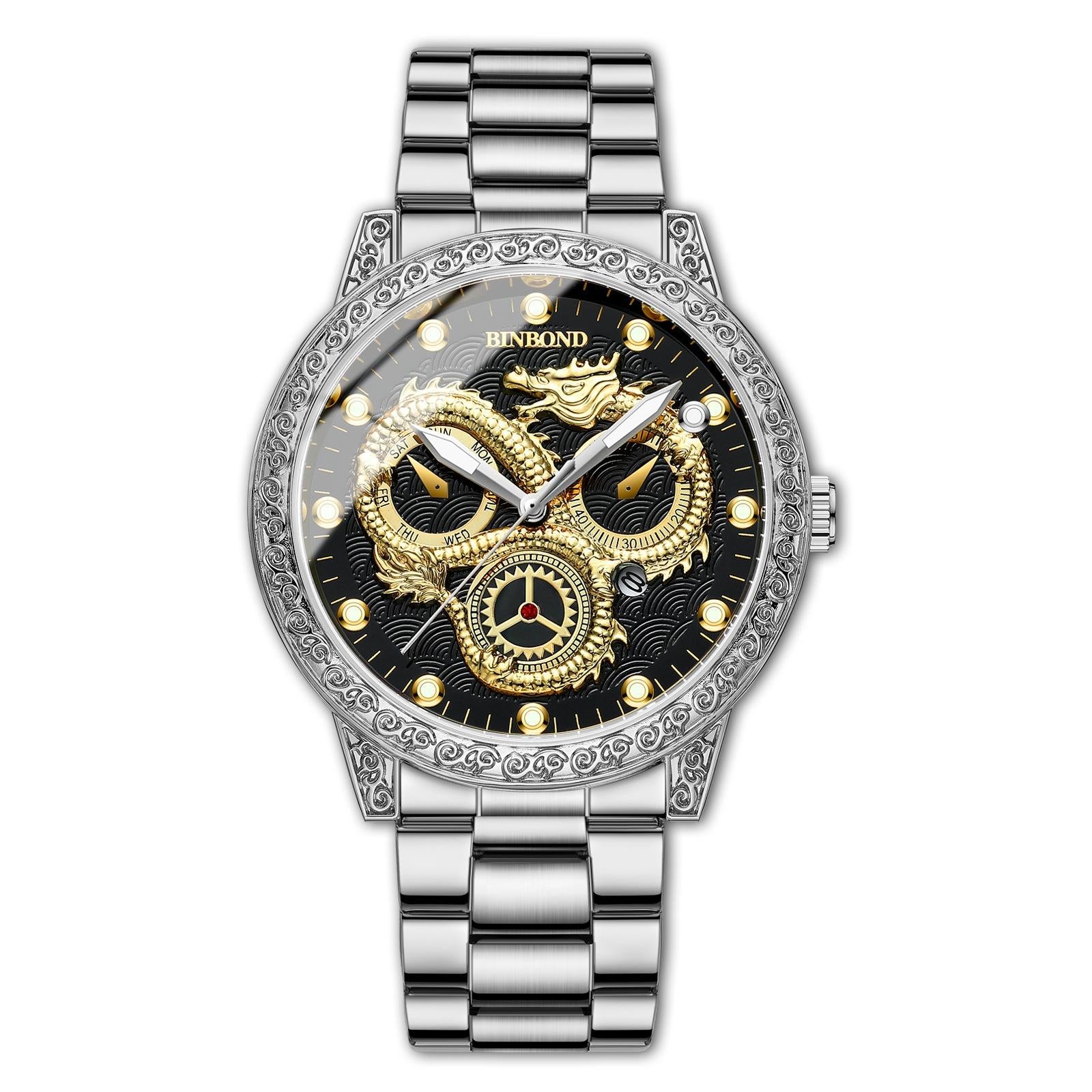 V562-5041454060DBT-202508290904-00 Dragon Embossed Luminous Waterproof Watch - Quartz - White Steel-Black - Image 1