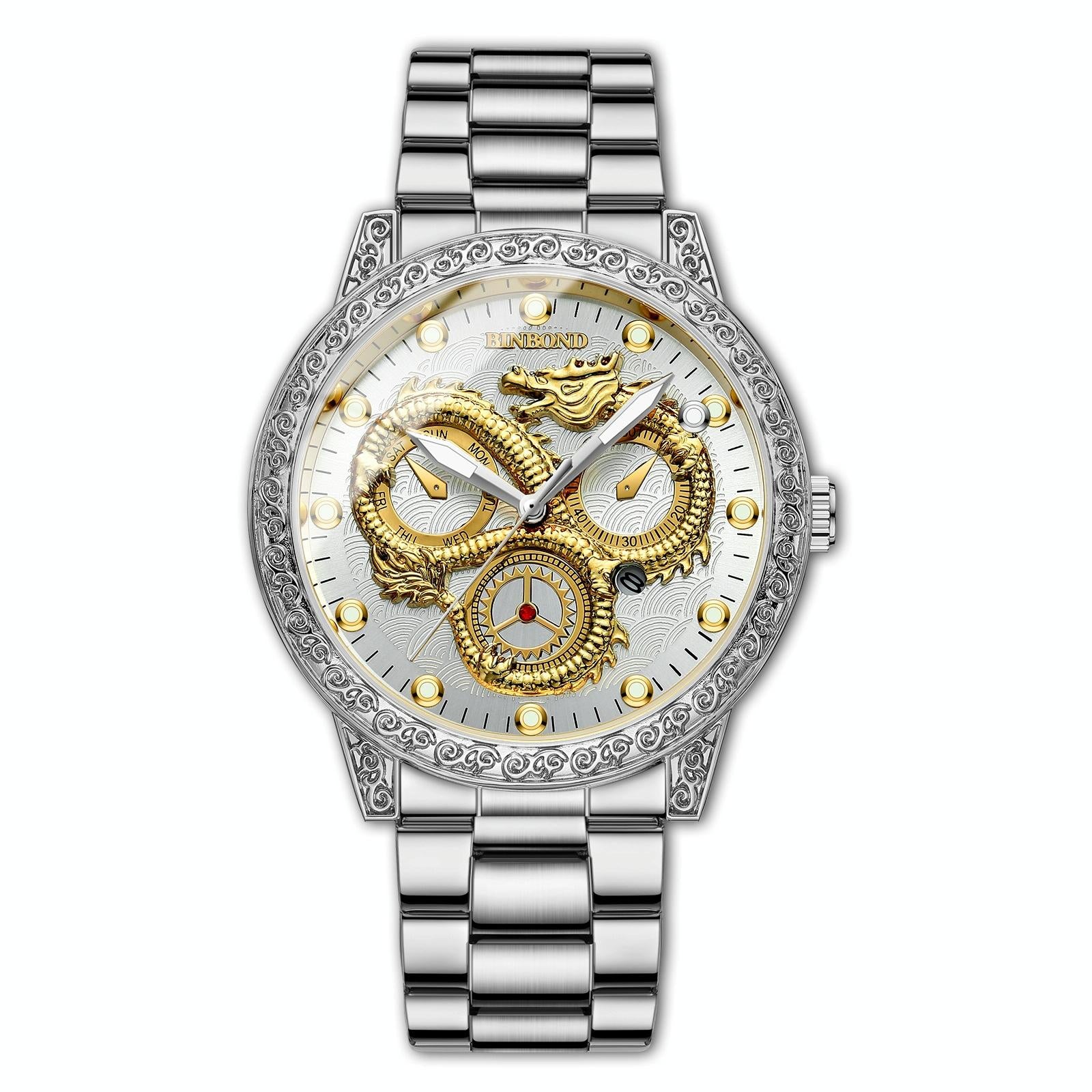 V562-6041454060DBT-202508290911-00 Dragon Embossed Luminous Waterproof Watch - Quartz - White Steel-White - Image 1