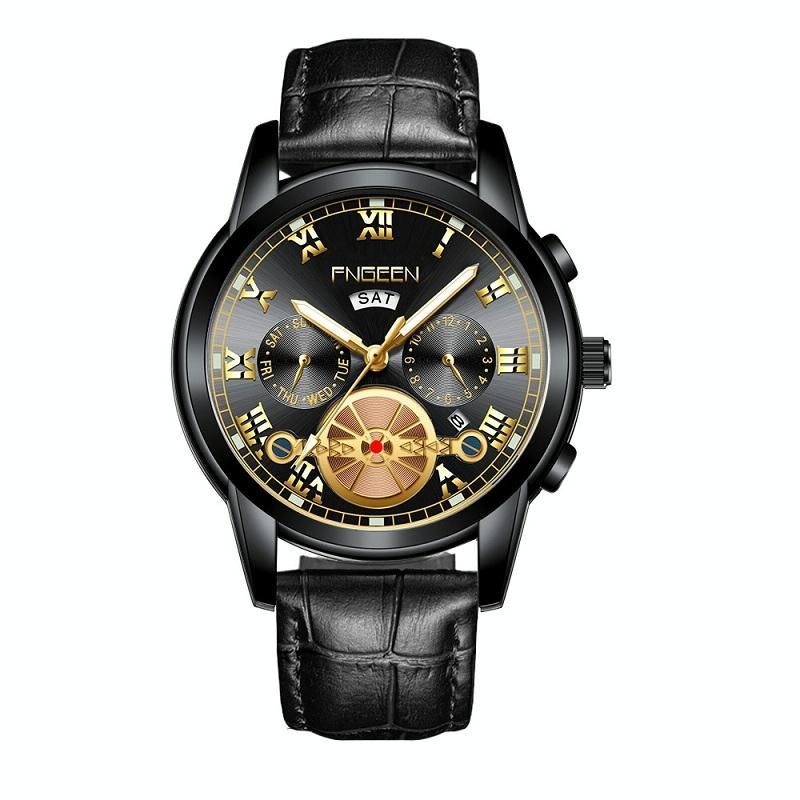 V562-6177801650DBT-202508271426-00 Men Multi-function Quartz Watch - Black Leather and Steel with Black Surface - Image 1