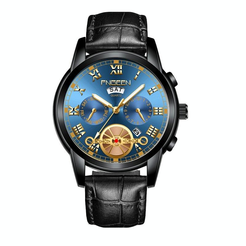 V562-7177801650DBT-202508271610-00 Men Multi-function Quartz Watch with Black Leather Strap and Blue Dial - Image 1