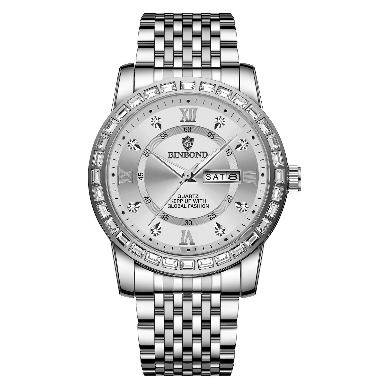 V562-9096384060DBT-202508290826-00 Diamond Dual-calendar Luminous Quartz Watch - B2202 - White Steel-White - Image 1