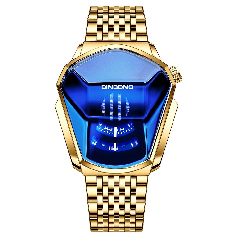V562-A1005033060DBT-202508282140-00 Black Steel Belt Men Watch with Live Technology - Full Gold-Blue Face - Image 1