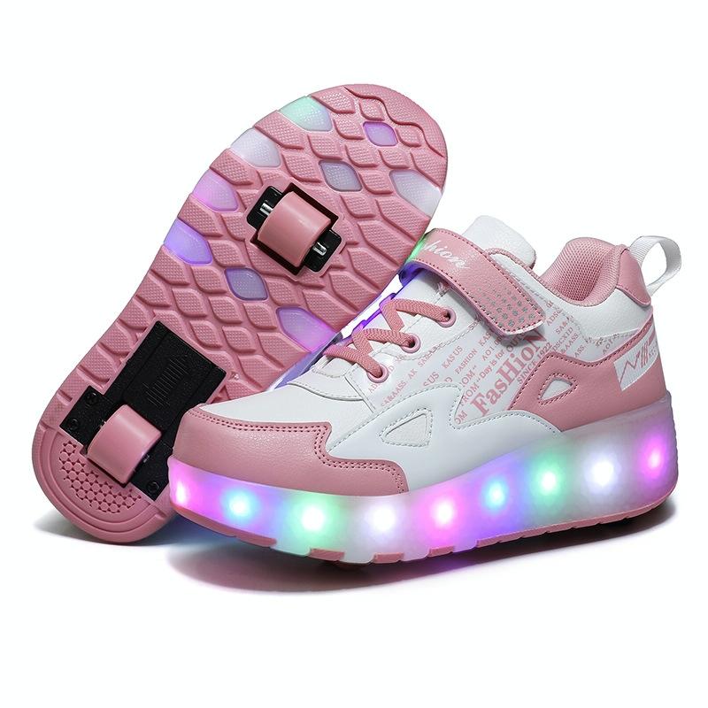 V562-A1009322550DBT-202508281946-00 27 Rechargeable Light Skating Shoes for Kids with Two Wheels - Pink - Image 1