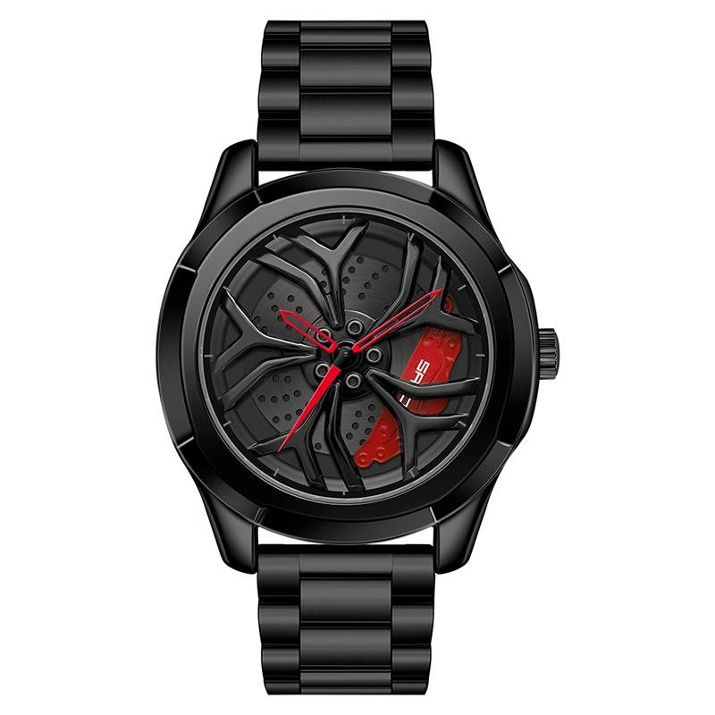 V562-A101432200ADE-202508281936-00 Men Steel Belt Quartz Watch with 3d Hollow out Wheel Design - Black Red - Image 1