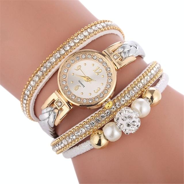 V562-A102241250DBT-202508281906-00 Women Beige Woven Pearl Bracelet Watch - Round Analog Quartz - White - Image 1