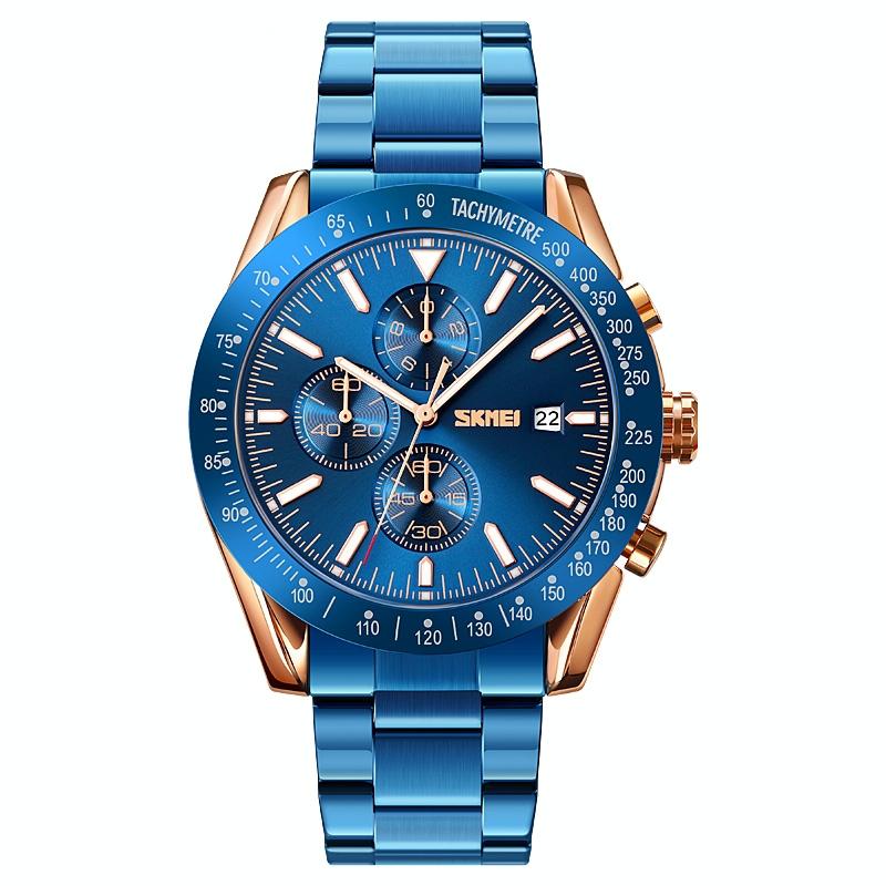 V562-A102839100ADE-202508281635-00 Stainless Steel Strap Quartz Watch for Men with Date and Six Pin Design - Gold Blue - Image 1