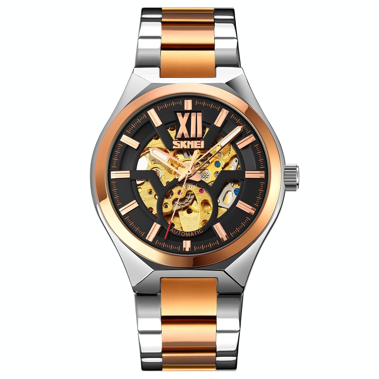 V562-A103839100ADE-202508282220-00 Men Automatic Mechanical Watch with Two-tone Stainless Steel Strap - Middle Rose Gold Shell Black Surface - Image 1