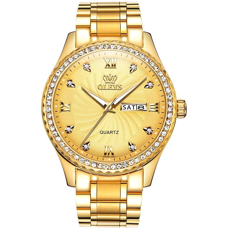 V562-A10476200ADE-202508281325-00 Waterproof Diamond Quartz Watch for Men with Stainless Steel Strap - Gold - Image 1