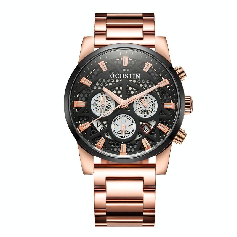 V562-A105540400ADE-202508281311-00 Waterproof Multifunctional Men Watch with Quartz Movement and Steel Strap - Rose Gold + Black - Image 1