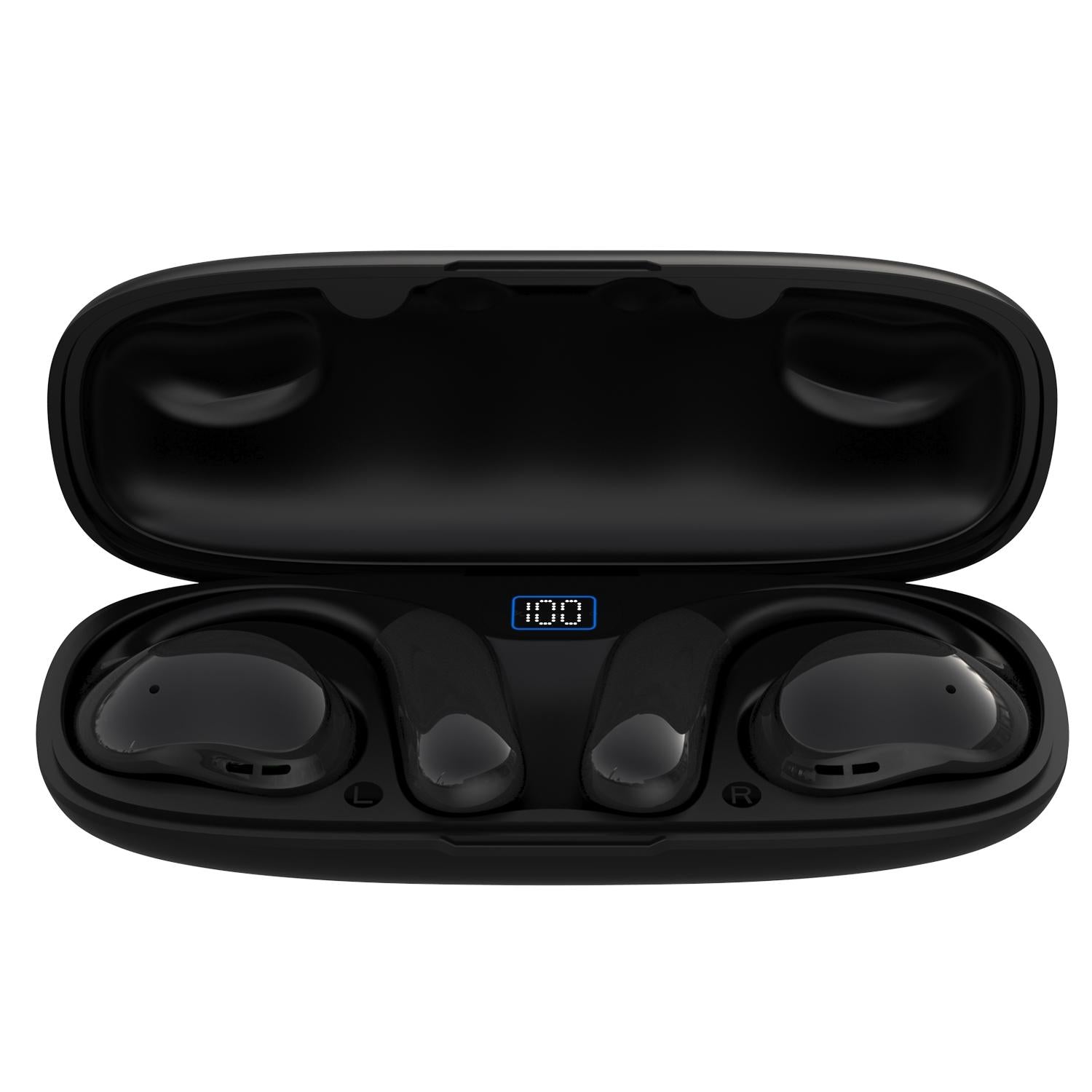 V562-A1059064060DBT-202508281454-00 Bluetooth Earphones with Hanging Ear Design and Digital Display Charging Case - Black - Image 1