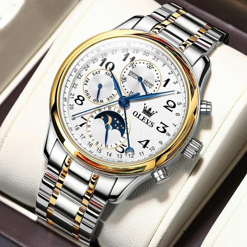 V562-B100181300ADE-202508282208-00 Waterproof Luminous Mechanical Watch for Men - Multifunction - Steel Band + Gold White - Image 1
