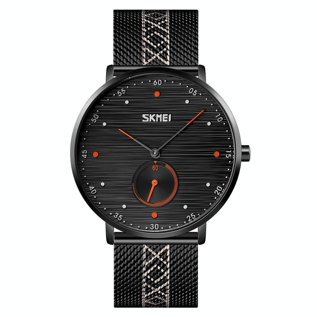 V562-B104539100ADE-202508282154-00 Men Striped Arabic Numeral Mesh Quartz Watch - Horizontal Design - Orange - Image 1